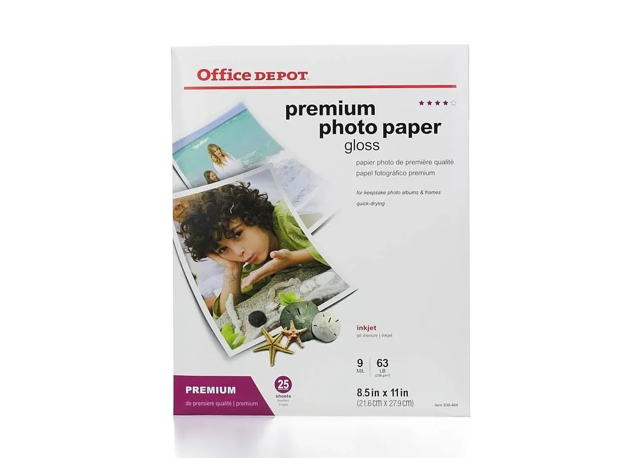 Office Depot High Gloss Premium Inkjet 8.5x11 25 Sheets Photo Paper