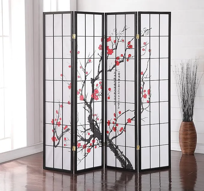 Roundhill Furniture Black Japanese 4-Panel Screen Room Divider Plum Blossom