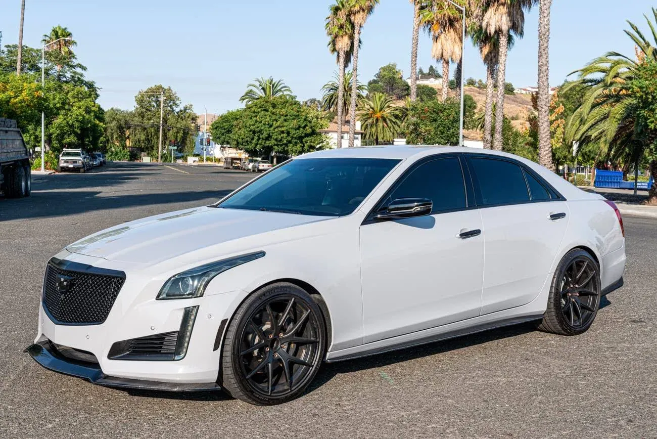 Replacement for 2014-2019 Cadillac CTS Models | EOS Carbon Package Style Front Bumper Lower Lip Splitter with Side Skirts Rocker Panel Extensions (Carbon Fiber)