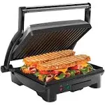 8 in. Black Electric Panini Press Grill and Gourmet Sandwich Maker with Non-Stick Coated Plates, Opens 180 Degrees