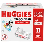 Huggies Simply Clean Wipes, Fragrance Free - 11 - 64 ct packs [704 wipes]