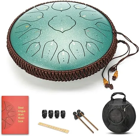 Steel Tongue Drum with Carrying Bag, Mallets, and Green 15 Notes, 14-inch Steel