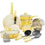 GreenLife Soft Grip Healthy Ceramic Nonstick Yellow Cookware Pots and Pans Set, 16-Piece