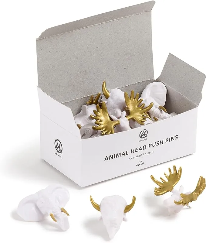 U Brands Animal Head Push Pins, Assorted Styles, 12-Count, Gold